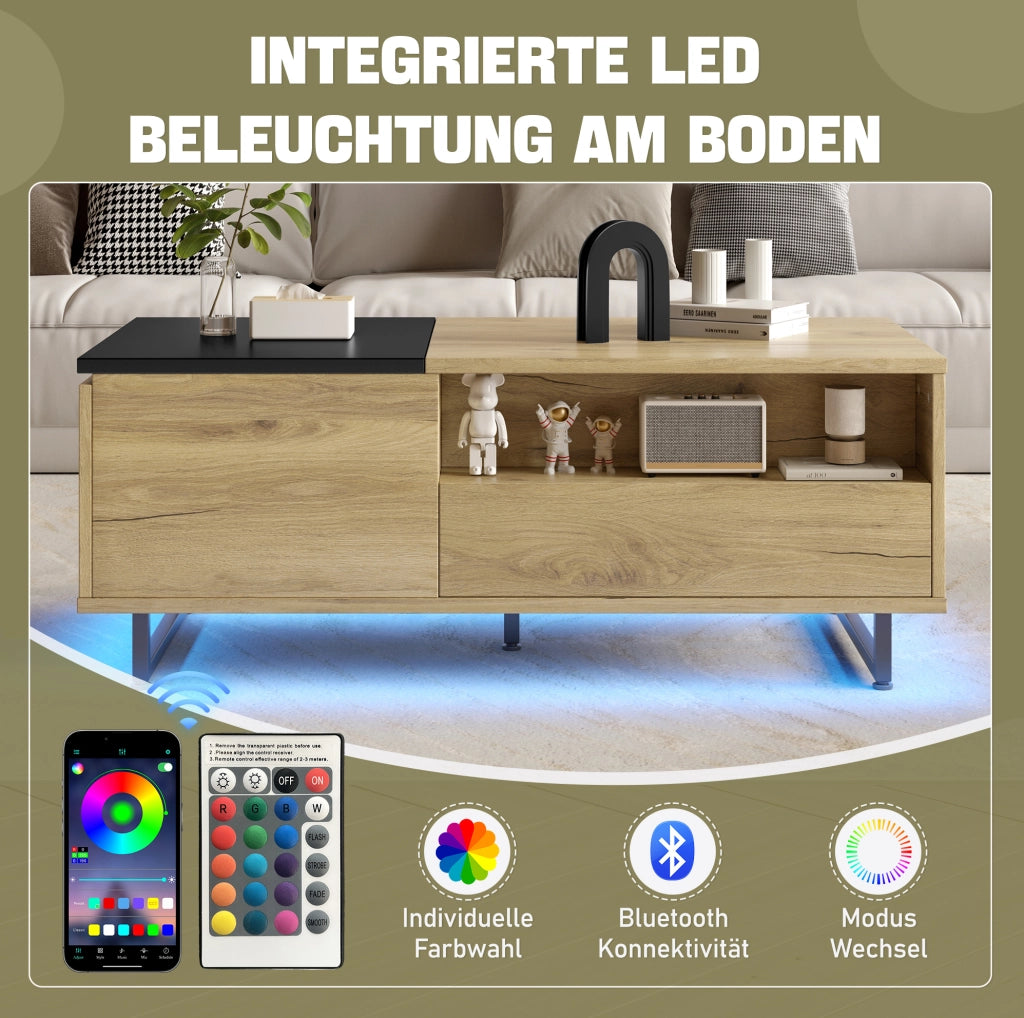 Tavolino da soggiorno multifunzionale con piano regolabile in altezza, LED integrato e ampio spazio contenitivo, struttura in metallo, finitura legno e nero, 103,5x50x27,5 cm