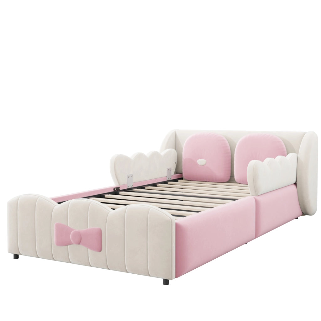 Letto per bambini 90x200 cm con vano contenitore idraulico; velluto beige e 2 cuscini decorativi