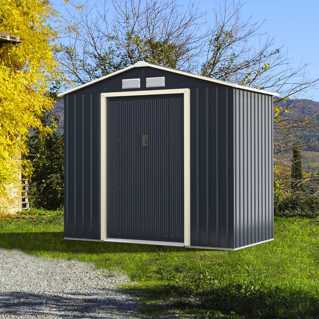 Capanno degli attrezzi di metallo con 4 sfiati e ante singole scorrevoli, Casetta da giardino 213x127x195cm
