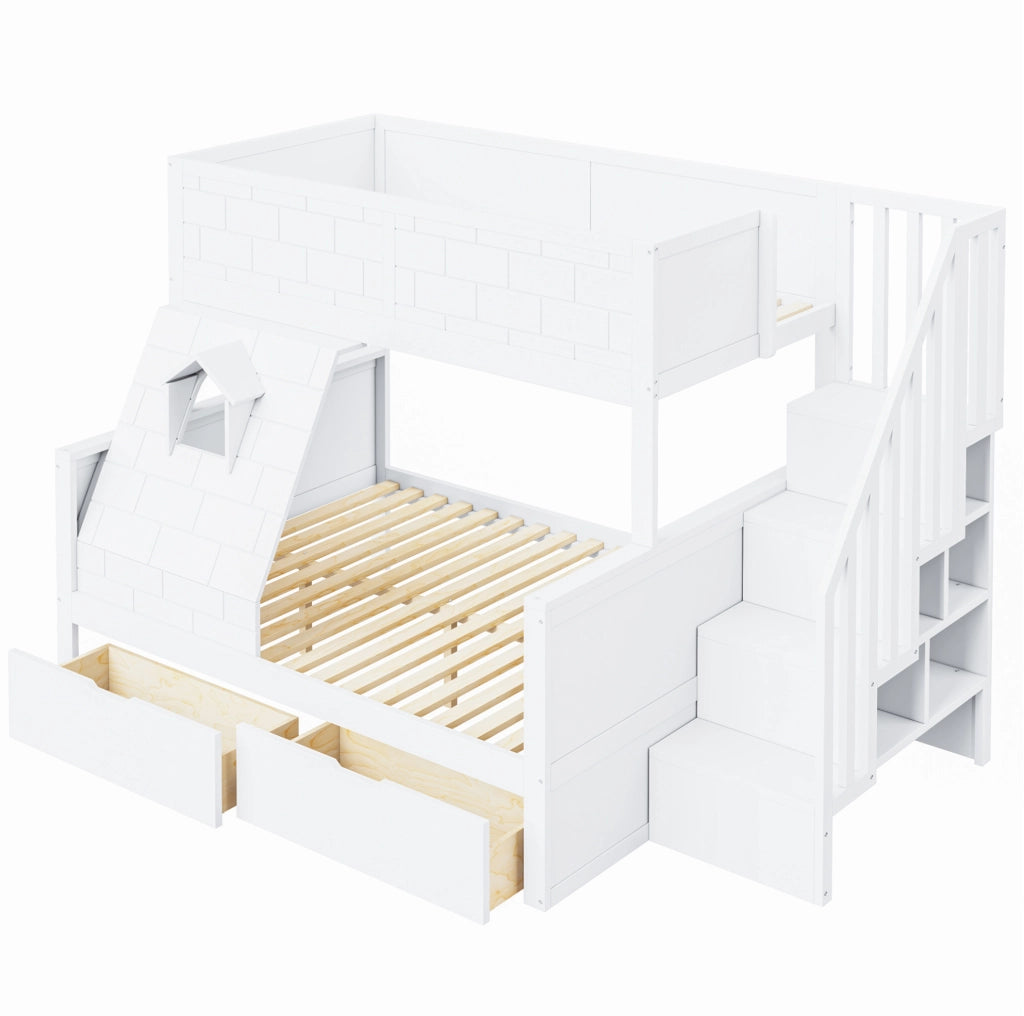 Letto a castello per bambini con scala contenitore; 2 cassetti e finestra; bianco