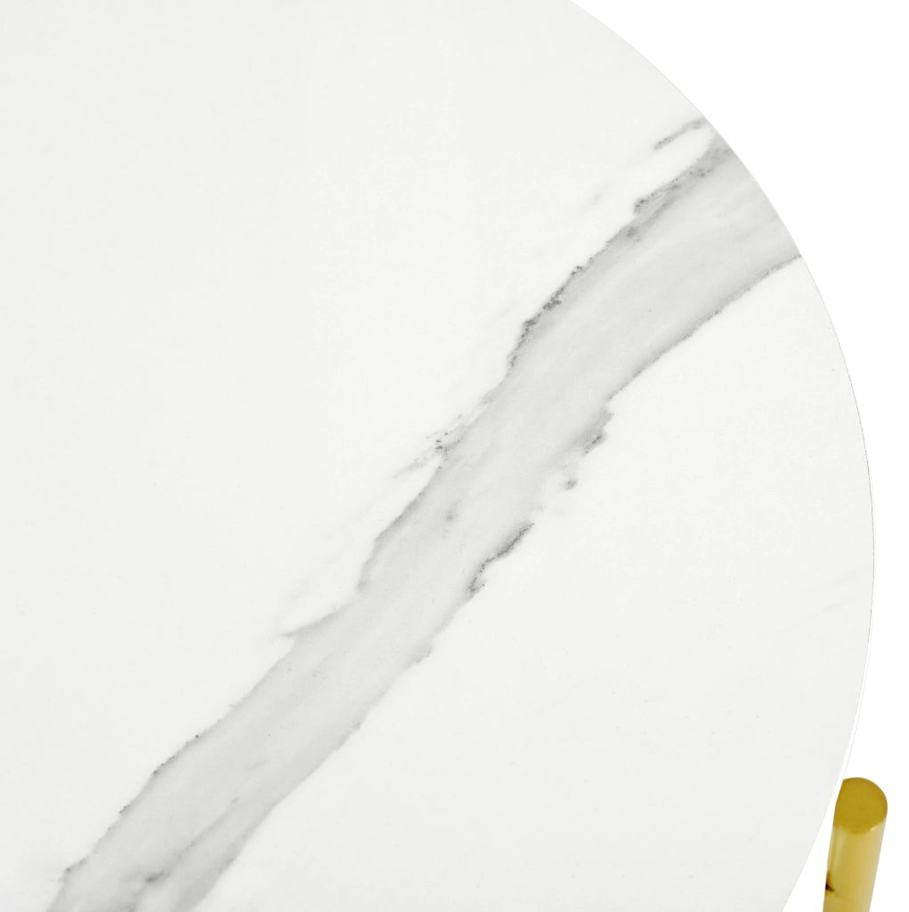 Tavolino laterale ULEVR ?50x51 cm con 2 cassetti, gambe regolabili e finitura effetto marmo bianco e oro