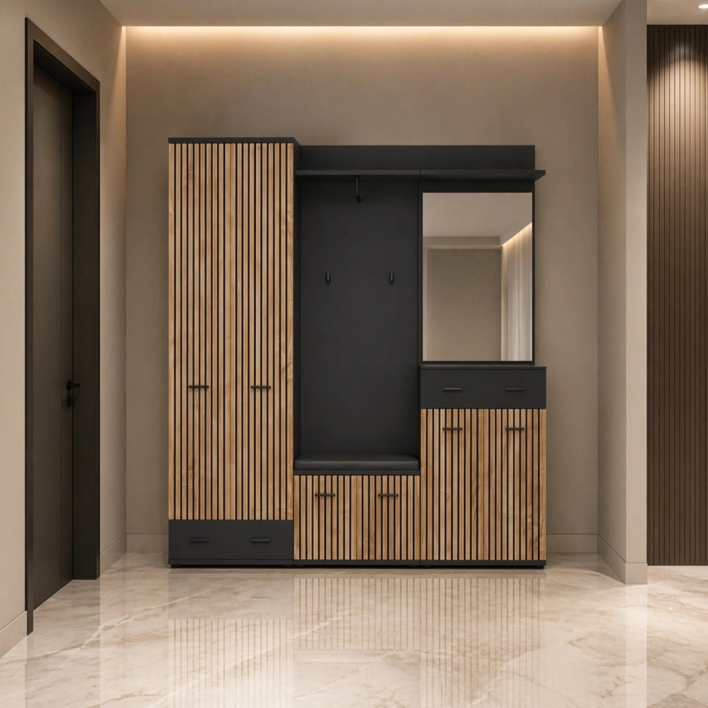 Mobile Ingresso Appendiabiti Set Entrata Design Moderno 180x 32x 203 Cm Antracite E Rovere