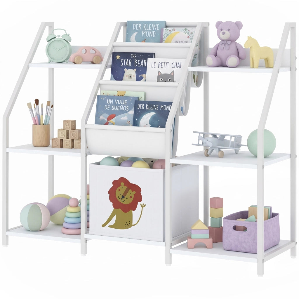 Libreria Montessoriana per Bambini 3-8 Anni con 3 Ripiani in Tessuto, Scomparti in Legno e Cassetto, Bianco