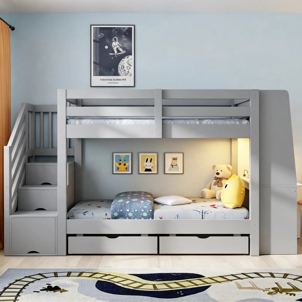 Letto a castello 90x200 cm in legno grigio con scrivania; libreria; LED e cassetti