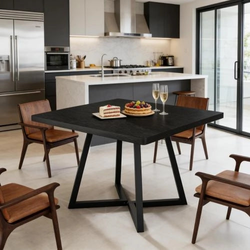Tavolo da pranzo quadrato per due-quattro persone con piano in MDF e struttura in metallo, stile industriale nero