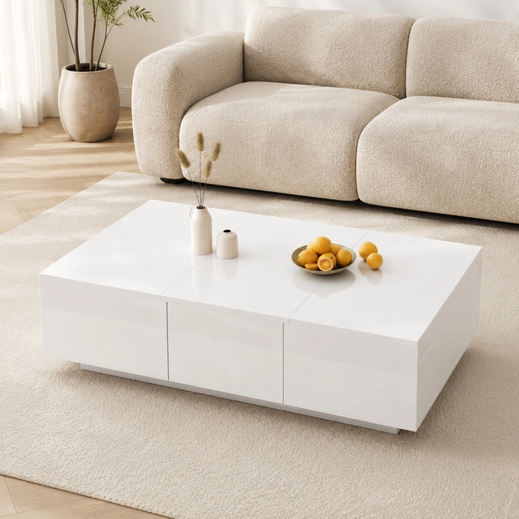 Tavolino da salotto con vani nascosti e cassetti; 100 x 50 x 31 cm; bianco lucido