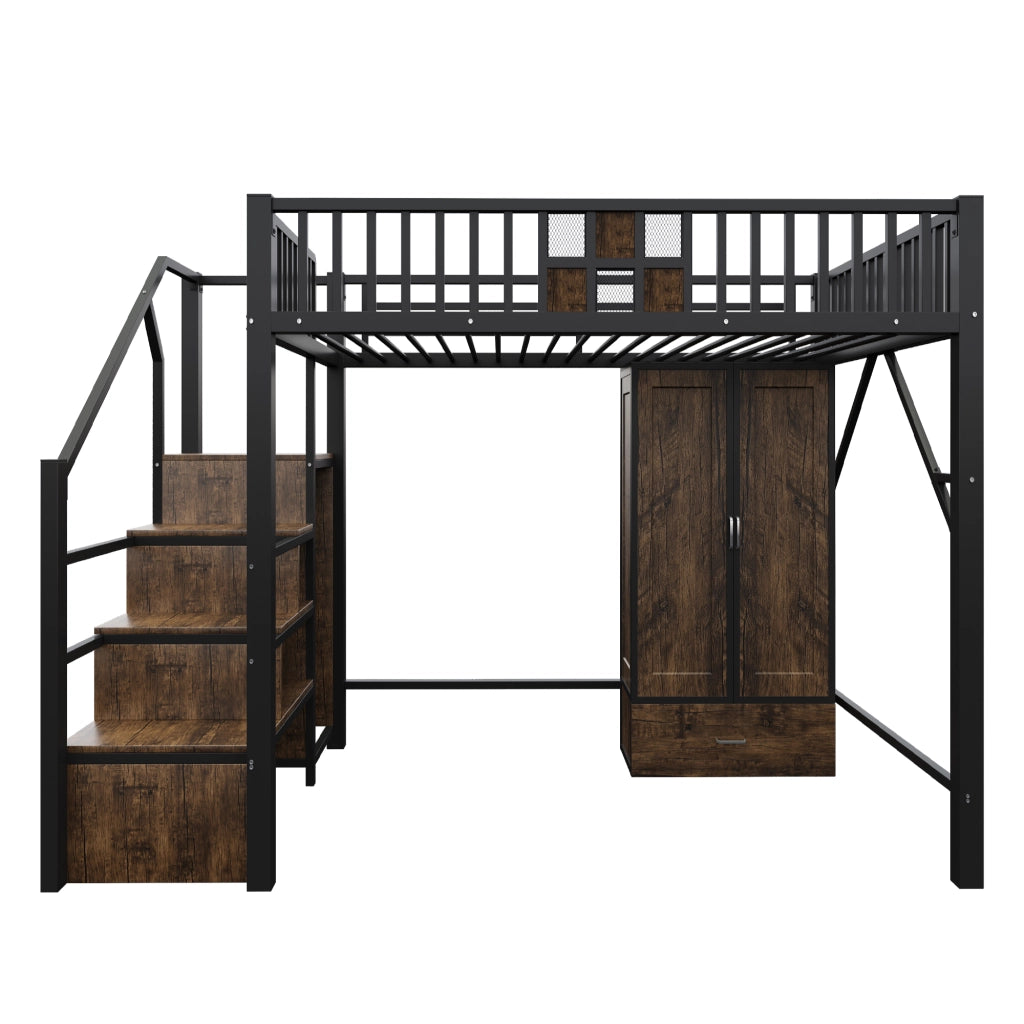 Letto a soppalco per adulti 140x200 cm con armadio; cassetto e scala contenitore; metallo e legno nero