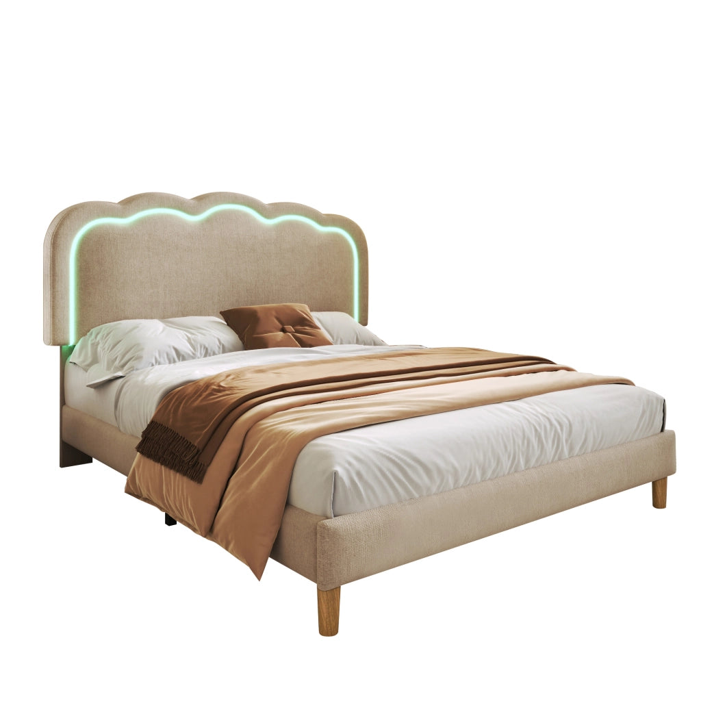 Letto con LED 140x200 cm con testiera regolabile imbottita in lino beige