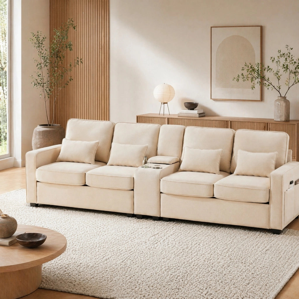 Divano 4 posti beige con USB, portabicchieri e vano contenitore
