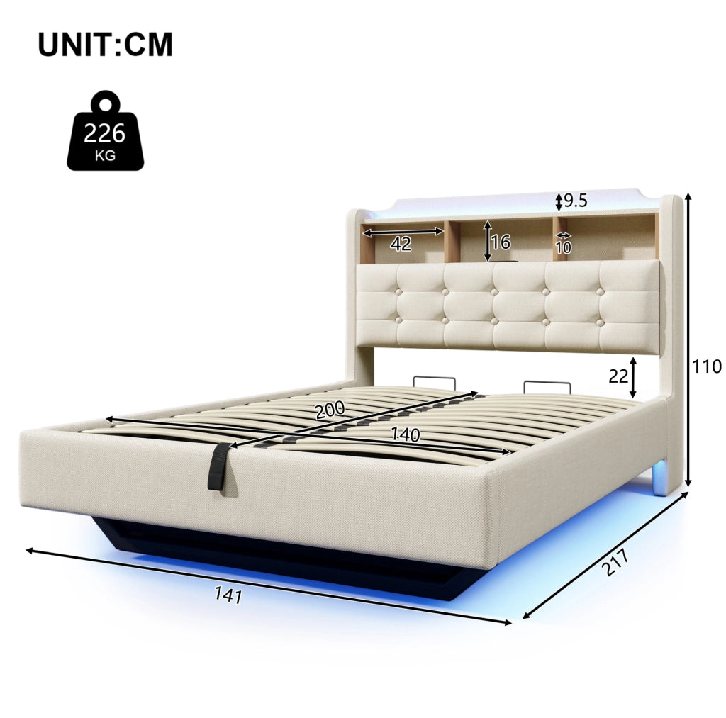 Letto imbottito 140x200 cm beige con LED, vano idraulico e USB