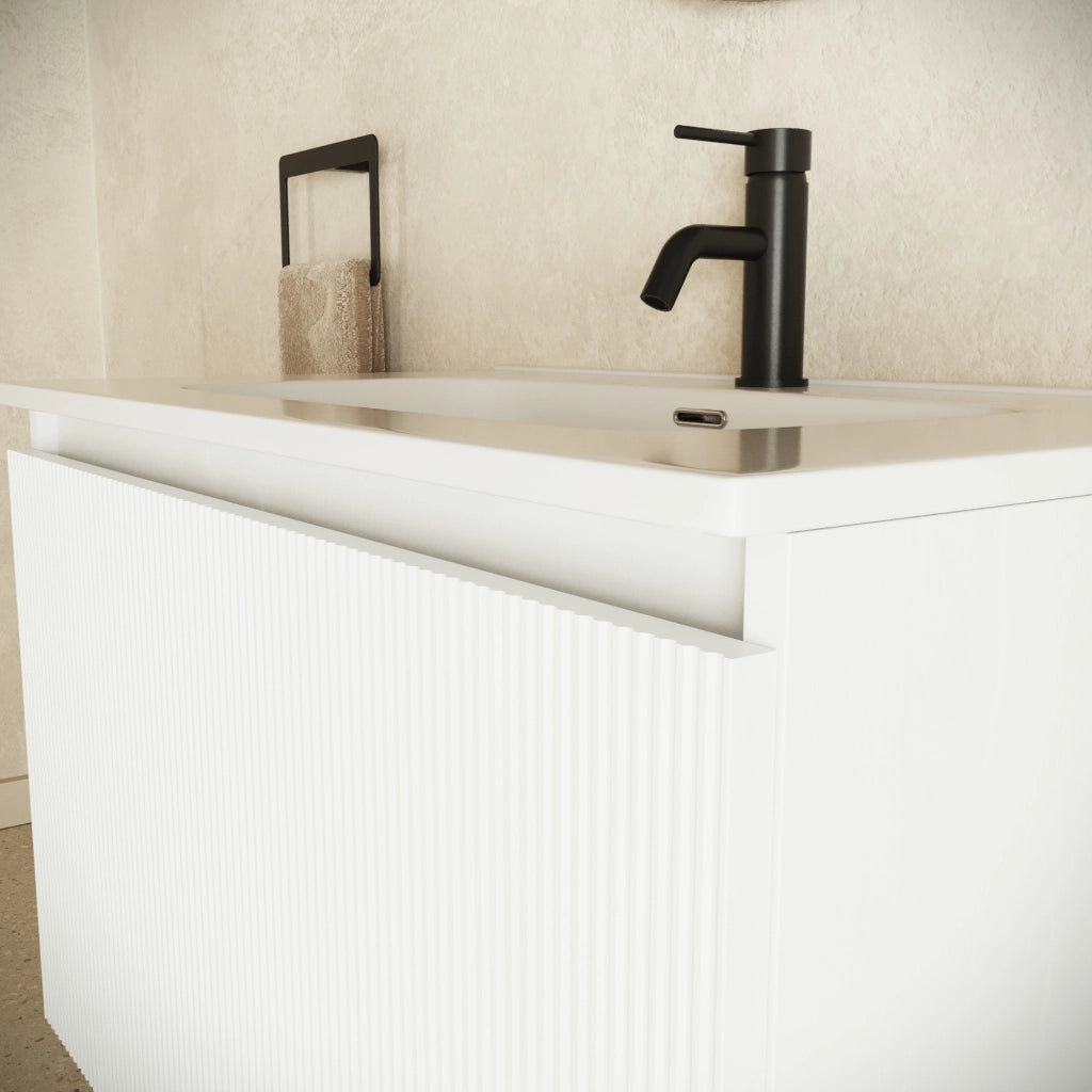 Mobile bagno sospeso 80cm due ante bianco opaco cannettato con lavabo bianco lucido | Pelion