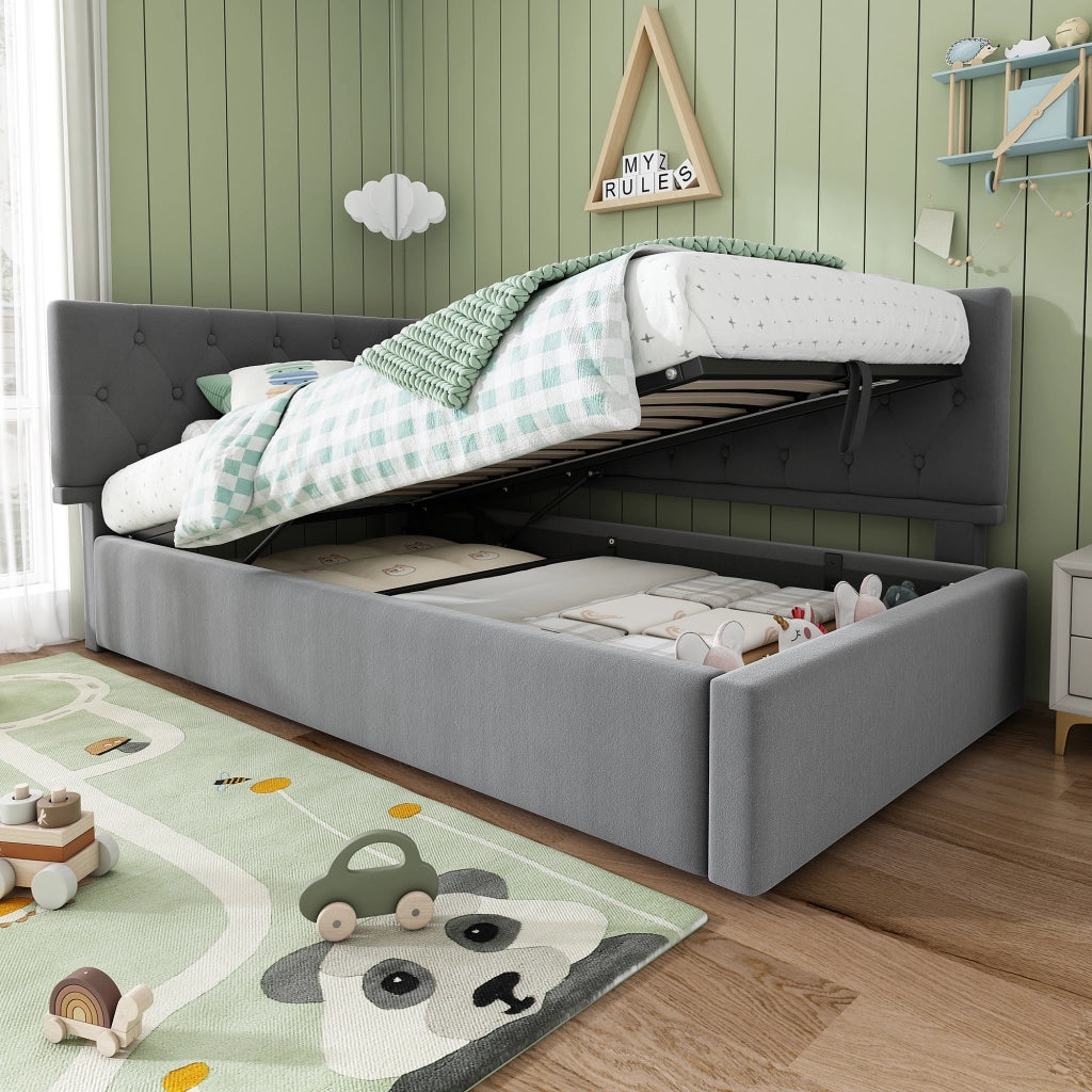 Letto singolo con contenitore 90 × 200 cm in velluto grigio con rete a doghe e testiera reversibile