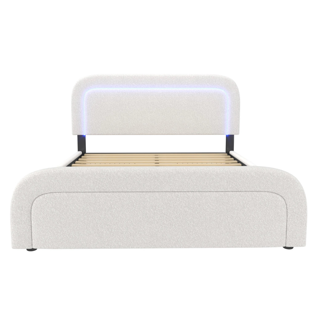 Letto matrimoniale 160x200 cm in sherpa bianco con materasso; 4 cassetti; LED e USB/Type-C HOMVRA