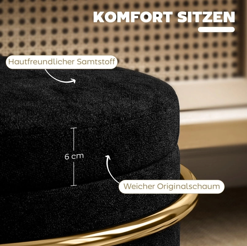 Pouf contenitore imbottito in velluto nero con struttura in metallo dorato, Ø42x39 cm