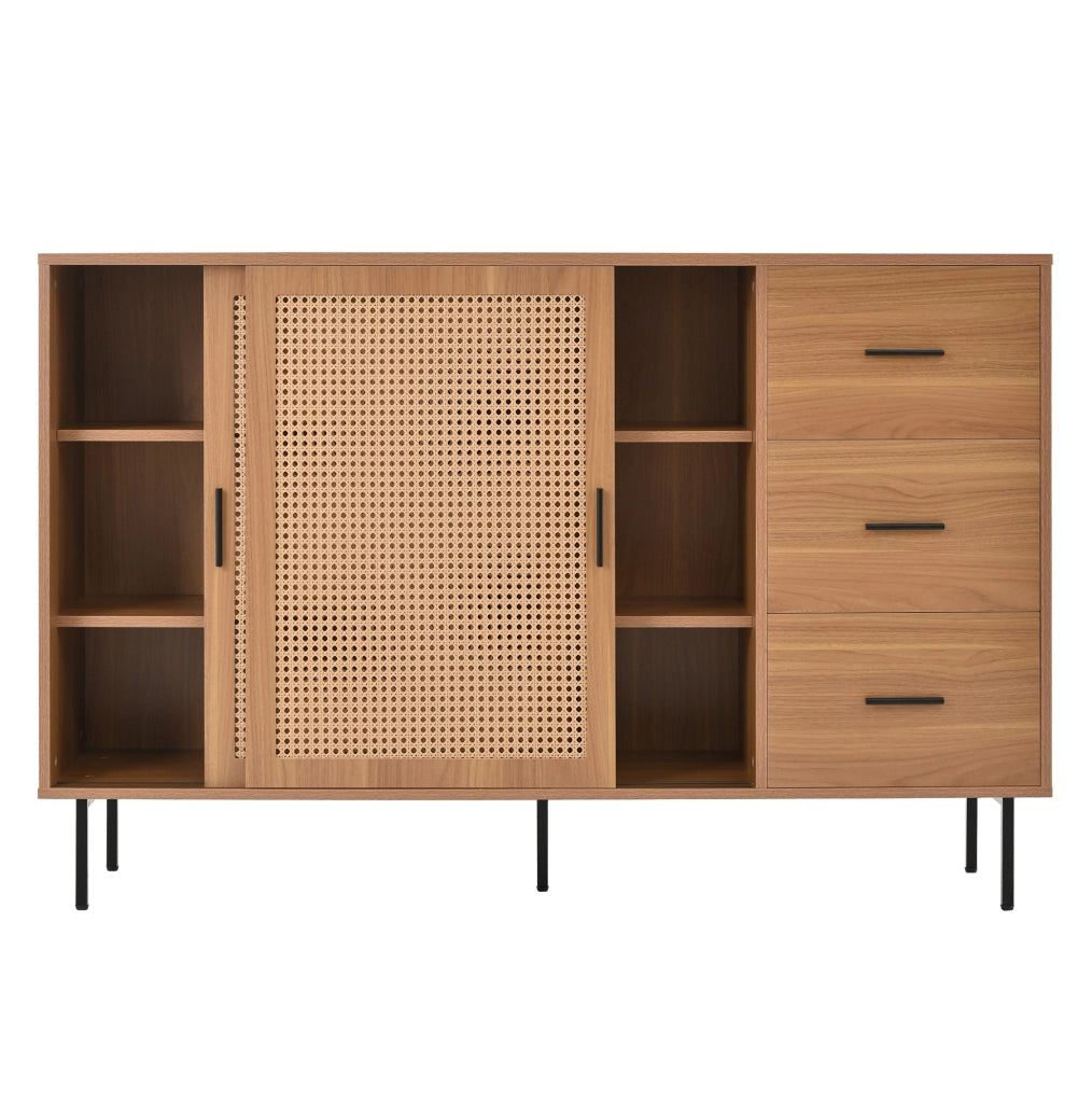 Credenza 140x37x91 cm con 2 ante scorrevoli in rattan e 3 cassetti naturale