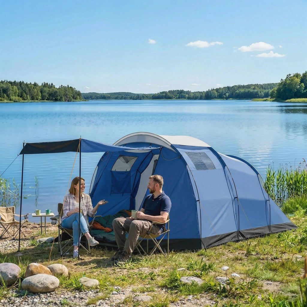 Tenda da Campeggio a Tunnel per 4 Persone Impermeabile 3000mm a Doppio Strato Altezza 190cm in Poliestere Blu Scuro con Veranda per Outdoor