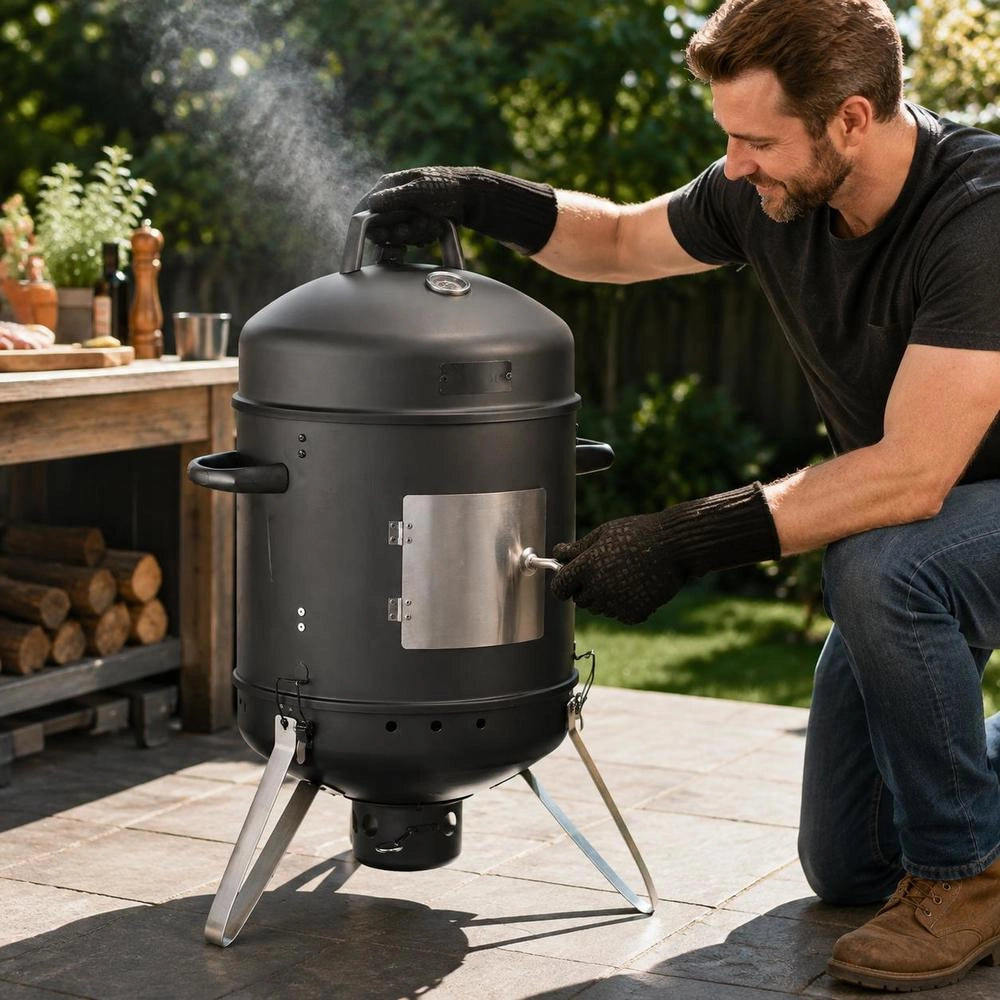 Charcoal Smoker, 16" Vertical Charcoal BBQ Grill, Coated Steel Barbecue Smoker With 2 Grilling Grates, Thermometer, Air Vents & Removable Ash Tray, Ideal For Backyard Patio Parties Cooking