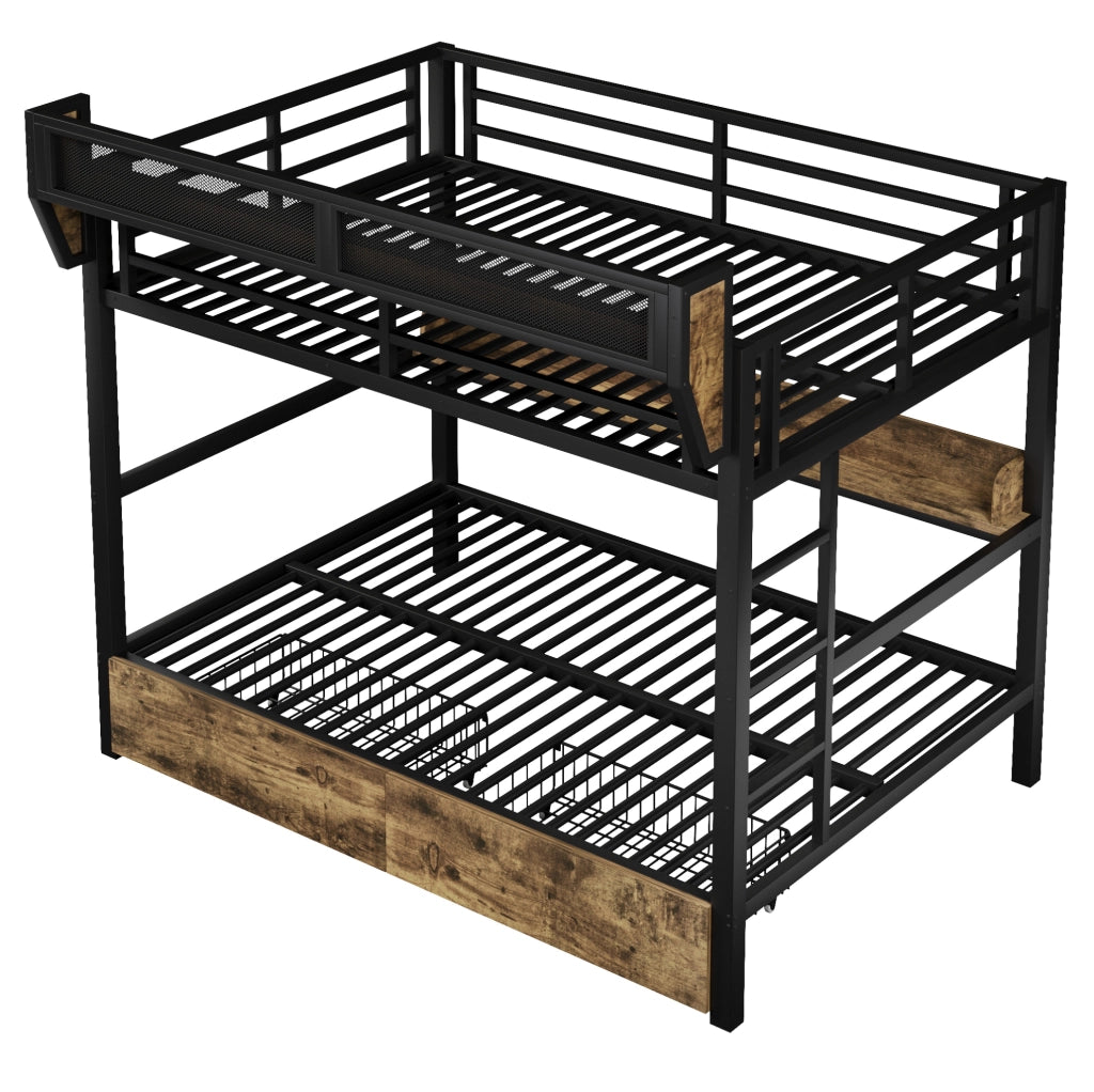 Letto a castello ULEVR 140x200 cm con LED multicolore, 2 cassetti, ripiani e cestino laterale, nero