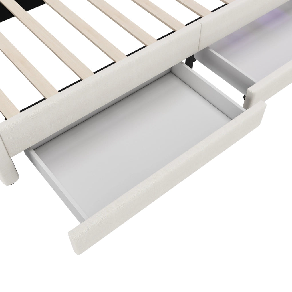 Letto singolo 90x200 con LED RGB， USB+Tipo C， 2 cassetti， vani al testale e rete a doghe， beige， in tessuto e MDF， per camera moderna e salvaspazio， senza materasso