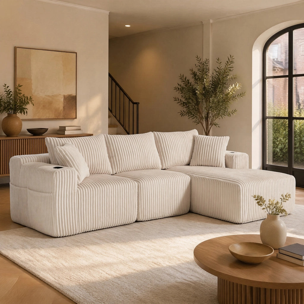 Divano modulare in velluto a coste beige con chaise longue