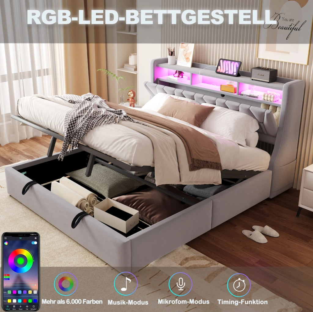Polsterbett 180x200 cm con contenitore; testiera ribaltabile; LED; USB e USB-C; velluto grigio chiaro