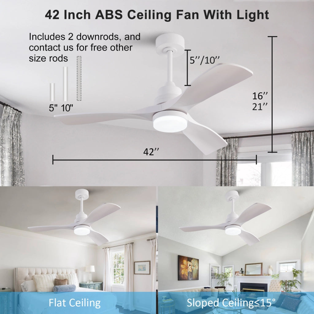 Ventilatore da soffitto bianco 42 pollici con luce LED 20 W; 3 pale ABS; motore DC reversibile e telecomando