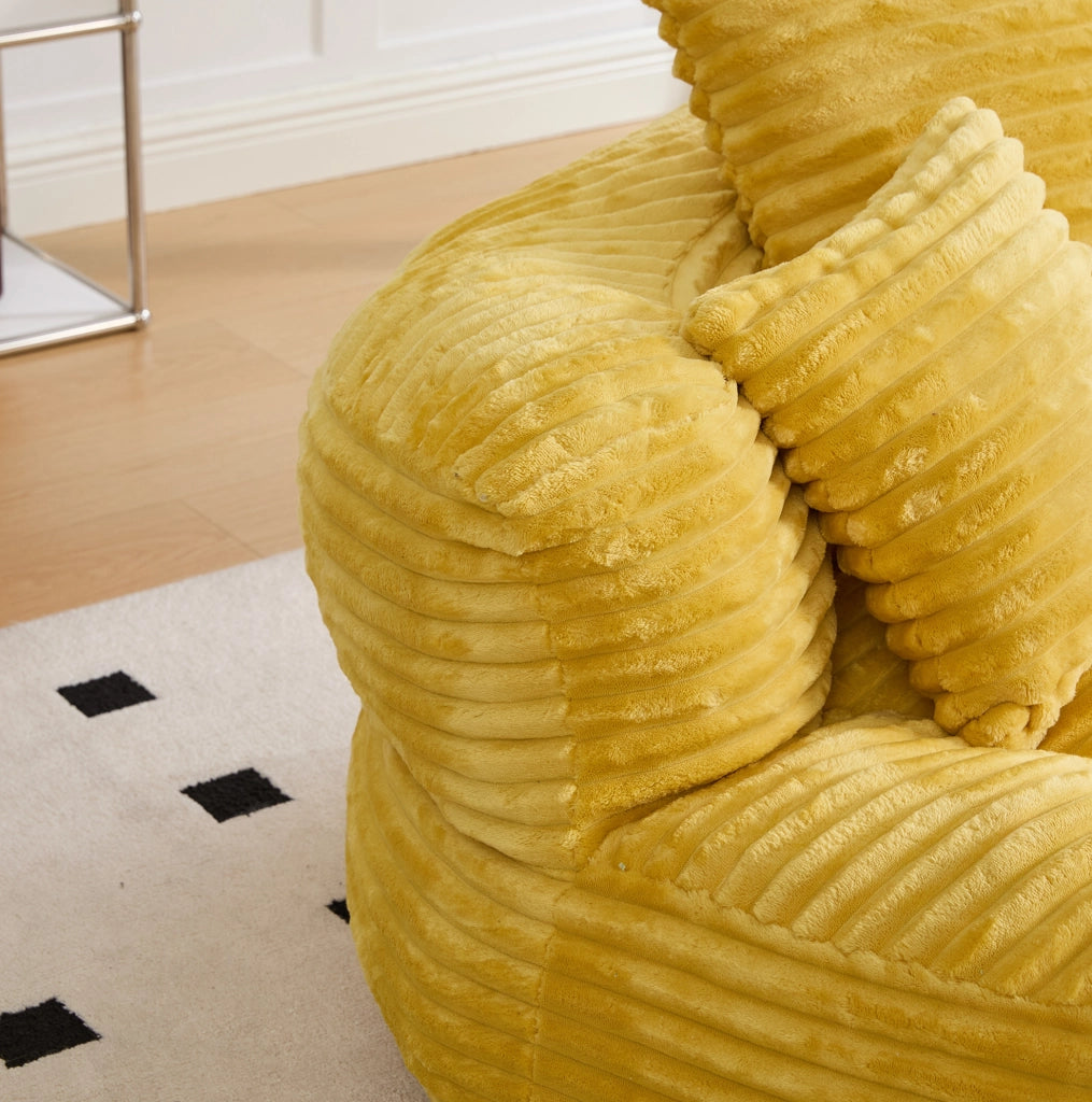 Poltrona pouf in velluto giallo con schienale alto e tre cuscini, 108x108x52 cm, capacità 250 kg