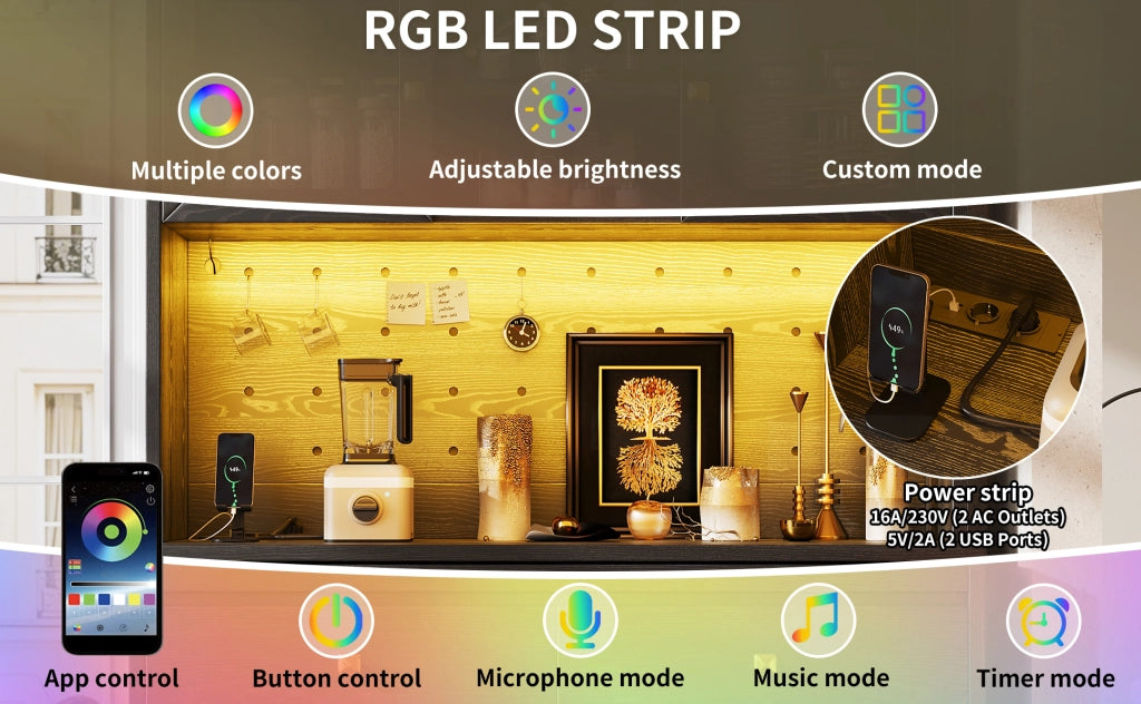 Hochschrank Küche mit Acrylfront, LED-Lichtband, USB-Ports, Weinflaschenhalter und verstellbaren Einlegeböden, 120x40x178 cm