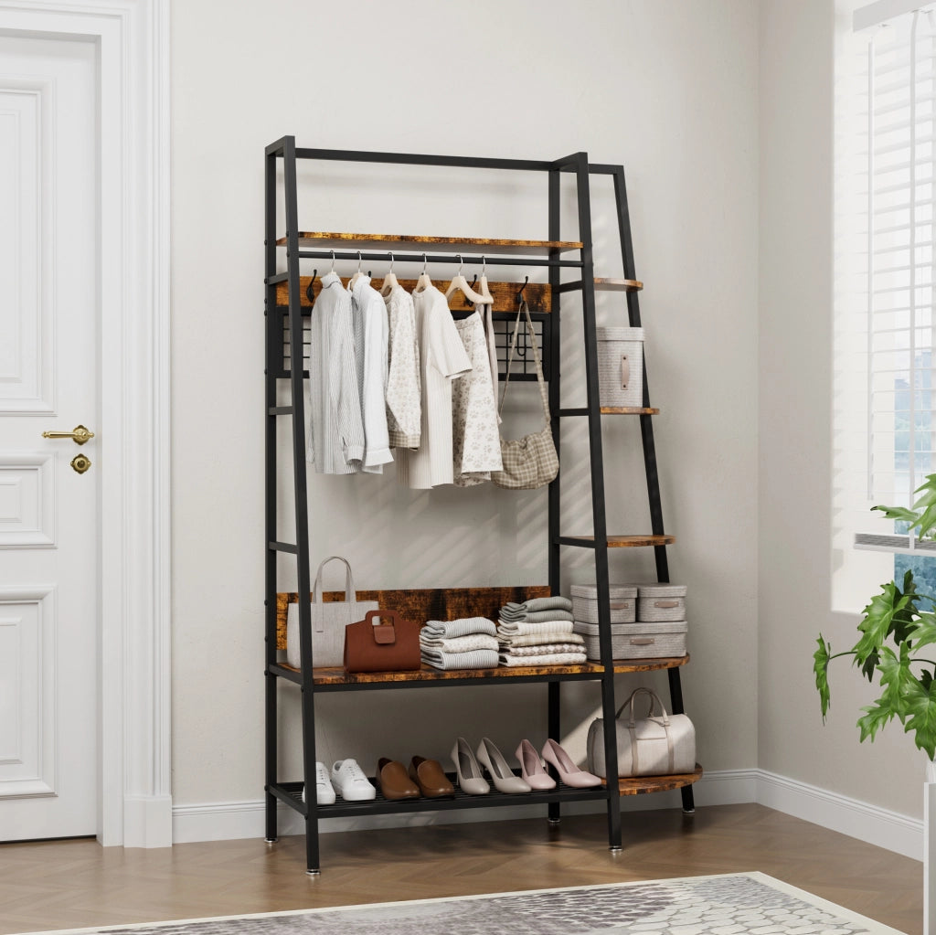 Appendiabiti Industriale Autoportante con Mensole in Legno Marrone Retro - Organizer Multiuso per Abiti e Scarpe