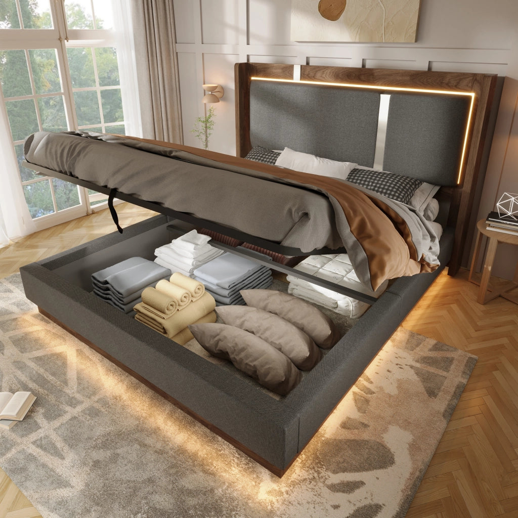 Letto Matrimoniale Contenitore 140x190 cm Imbottito con LED; senza materasso; Lino; Grigio