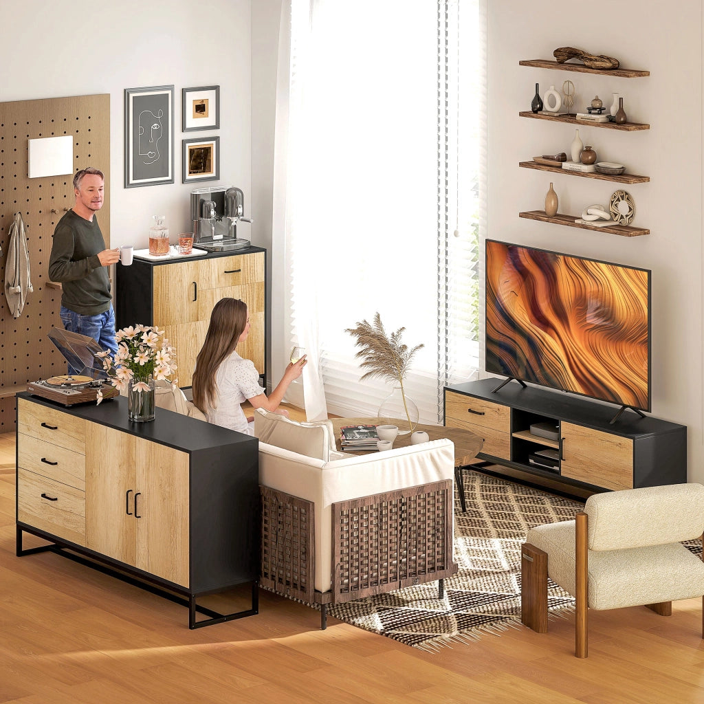 Credenza Moderna Portaoggetti con 3 Armadietti e 2 Cassetti, Mobiletto Multiuso in Truciolato e Acciaio, 80x35x85 cm, Nero e Color Legno