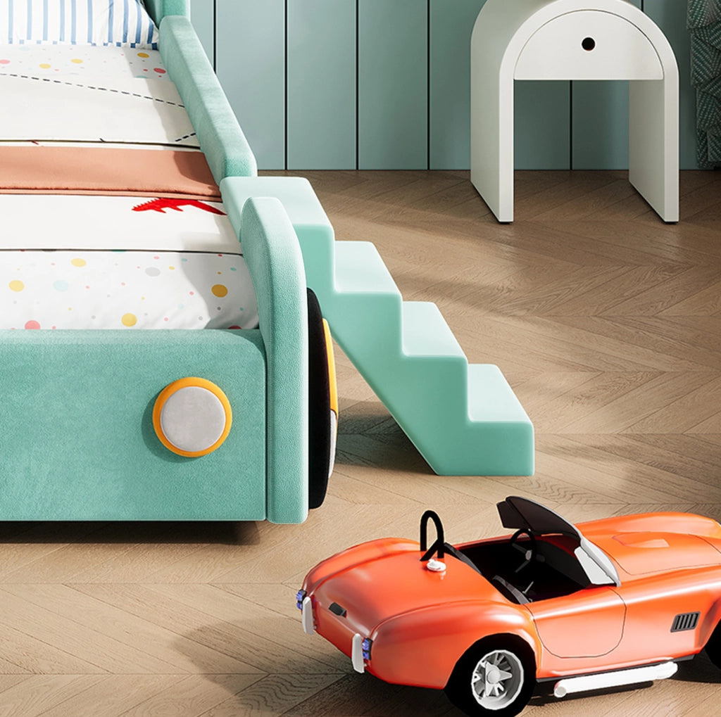 Letto per bambini a forma di auto con scivolo e scala 90x200 cm in velluto blu-verde