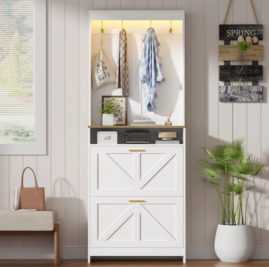 Armadio Slim Porta Scarpe con Illuminazione LED e 2 Cassetti Ribaltabili, con Ganci, Bianco, 70x24x180 cm