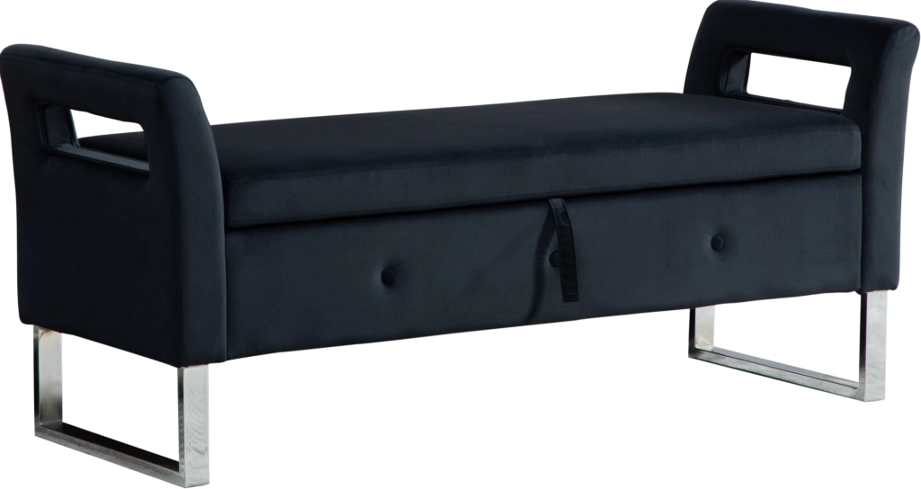 Pouf contenitore imbottito con braccioli in velluto nero e struttura in legno massello