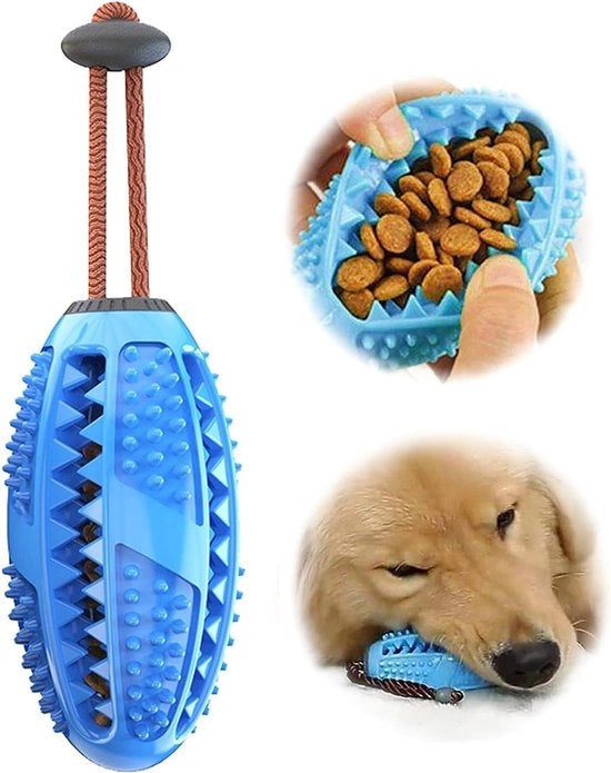 Dispensatore di premi per cani con trattamento per i denti per cuccioli, set di spazzole per i denti e giocattoli da mordere, realizzato in gomma naturale non tossica, colore blu.
