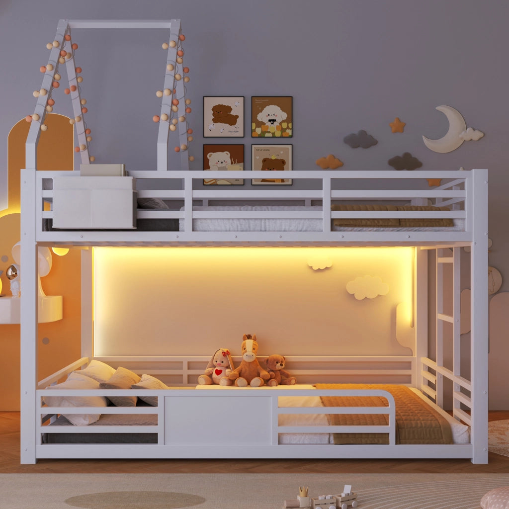 Letto a castello 140x200 cm in metallo e MDF con LED, design casetta bianco