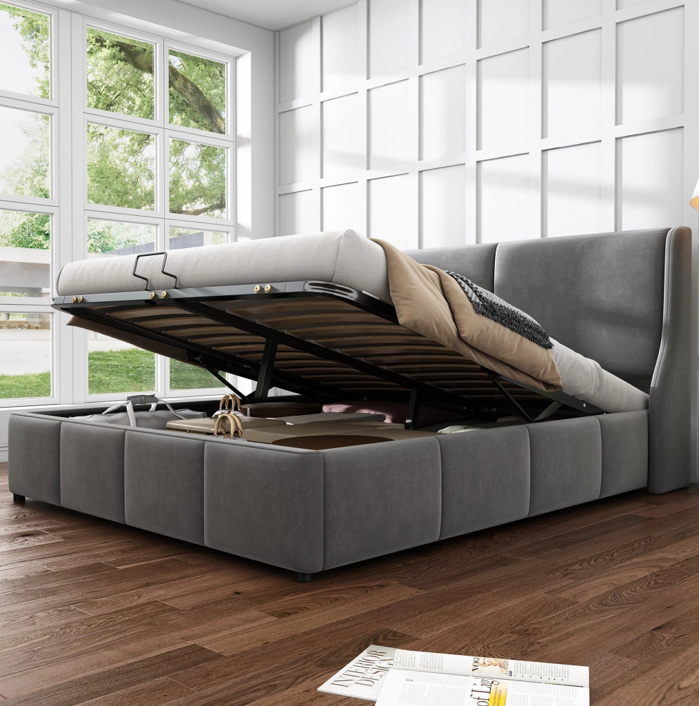 Letto matrimoniale 140x190 cm con contenitore idraulico in velluto; grigio