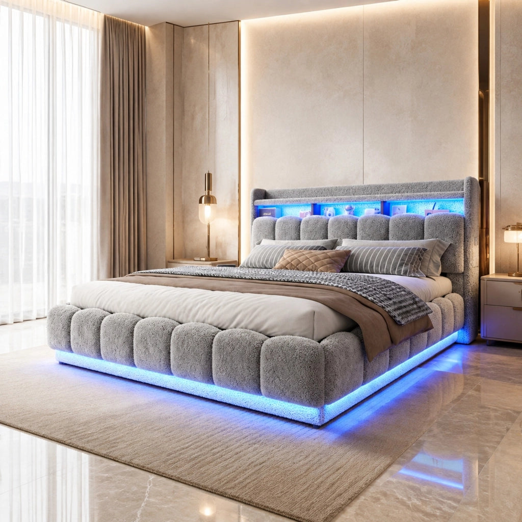 Letto imbottito 180x200 cm con LED, USB e vano idraulico