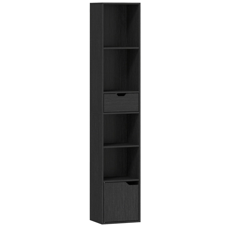 Libreria 30x24x158 cm in legno nero con vano contenitore, salvaspazio per ufficio –