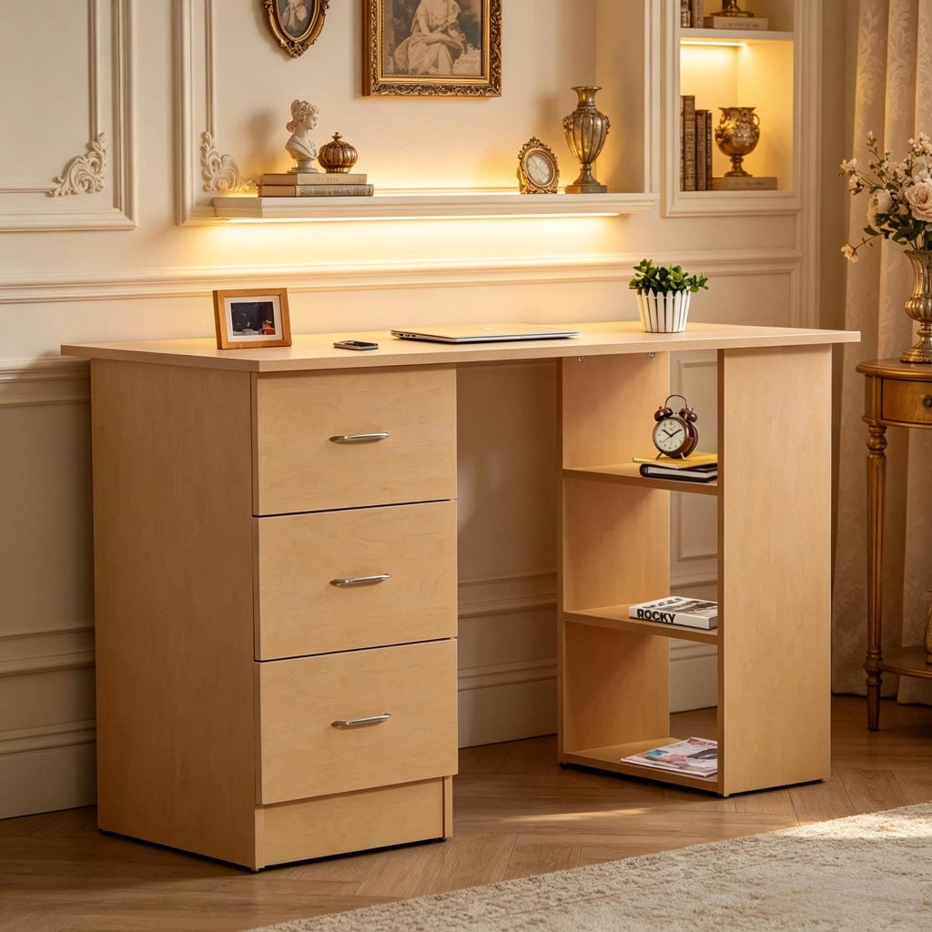Scrivania con 3 ripiani e 3 cassetti, per studio, in MDF, 120 x 49 x 72 cm, legno