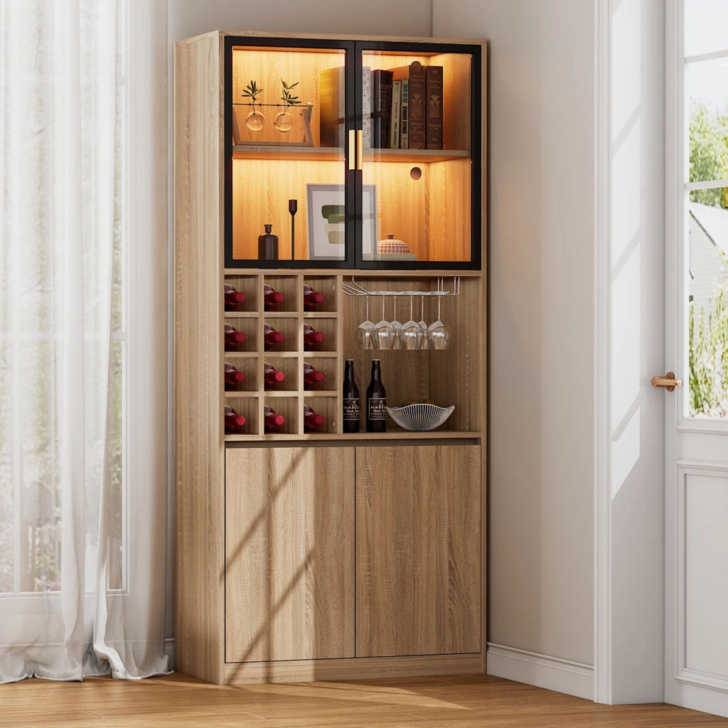 Vetrina con ante in vetro vani aperti e illuminazione a LED con portabicchieri removibile in MDF naturale