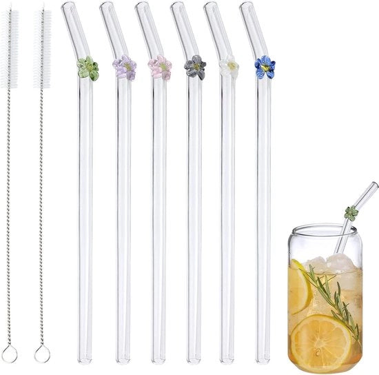Stecchi di vetro riciclabili a forma curva - design resistente alle rotture con fiori colorati - ideali per smoothie e tè Stecchi di vetro