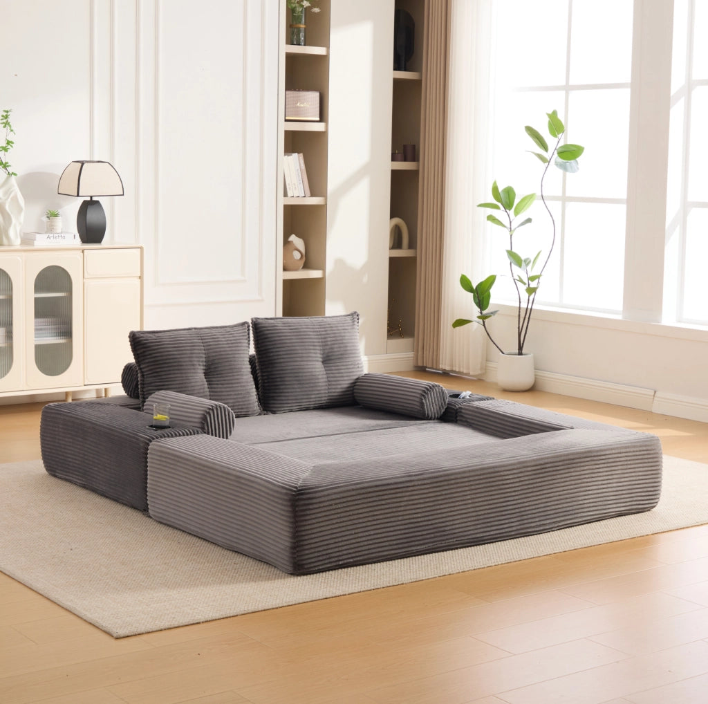 Divano letto in corduroy a due posti con schiuma ad alta densità e molle, con cuscini memory e porta bevande, facile da montare