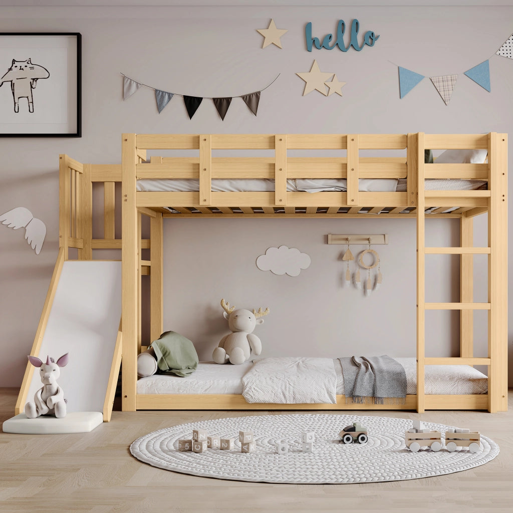 Letto a castello per bambini 90 × 200 cm con scala scivolo tende e protezione anticaduta in legno naturale