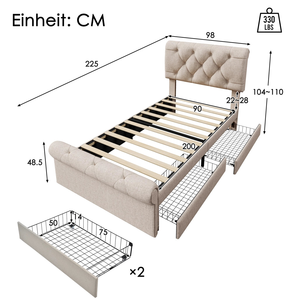 Letto singolo 90x200 cm imbottito con due cassetti