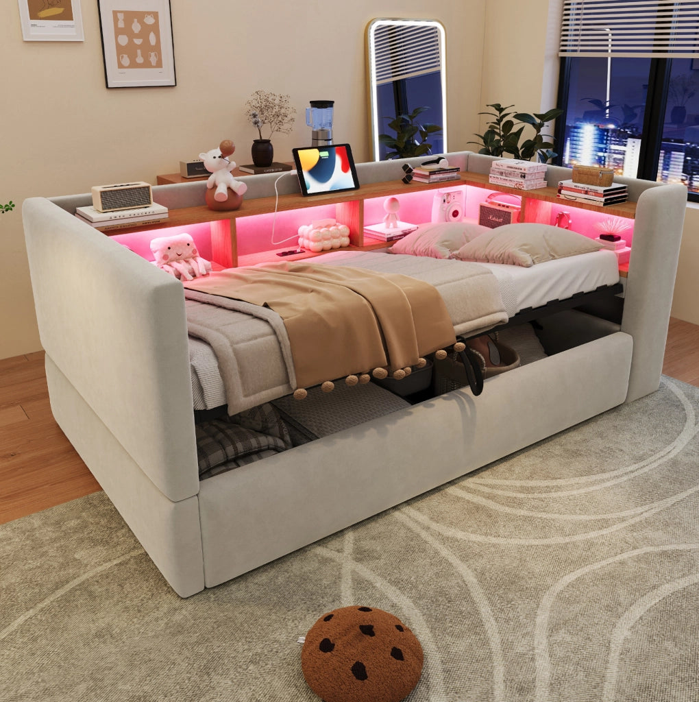 Divano letto imbottito 90x190 cm con LED, prese e contenitore