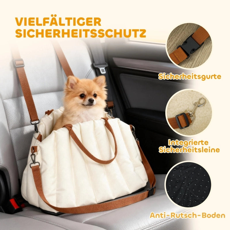 Seggiolino auto per cani con due cinghie regolabili; base antiscivolo e borsa da trasporto color crema