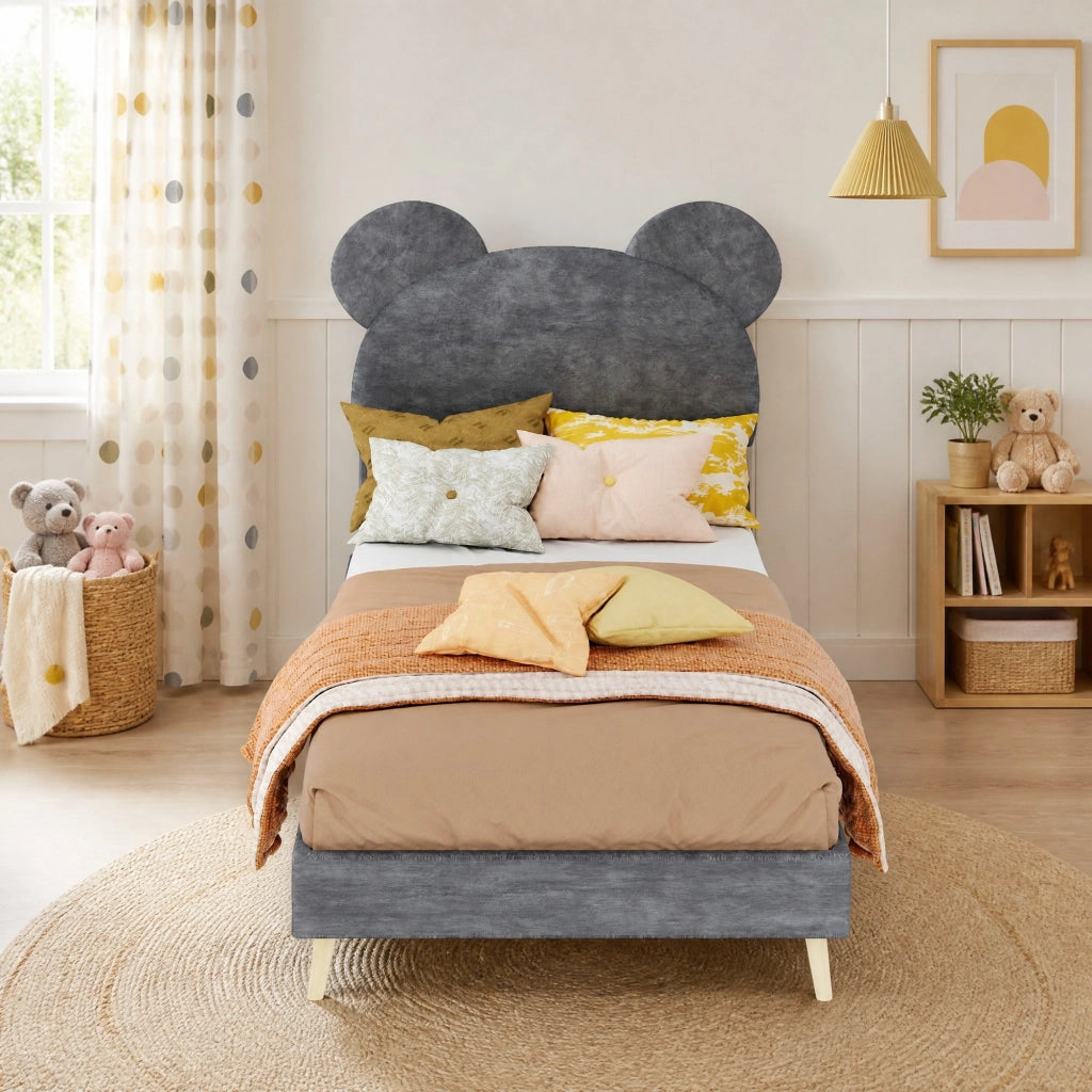 Letto contenitore 90 × 200 cm con testiera imbottita a forma di cartone grigio e vano con pistoni pneumatici