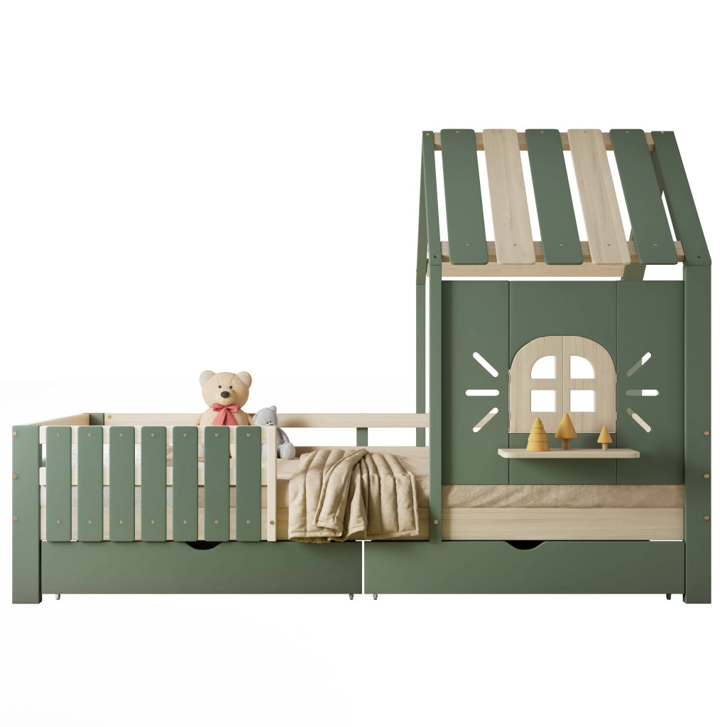 Letto a casetta per bambini 90x200 cm in pino e MDF; verde e naturale; con 2 cassetti; tetto e finestra per cameretta