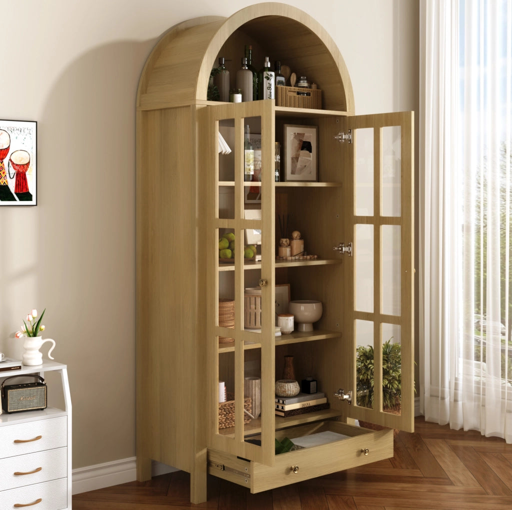 Vetrina alta ad arco 75x35x170,5 cm in MDF naturale con ante in acrilico e cassetto